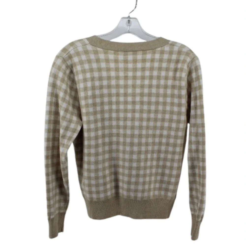 Sioni Womens Gingham Cardigan Beige‎ White V-Neck Button Sweater Preppy Knit